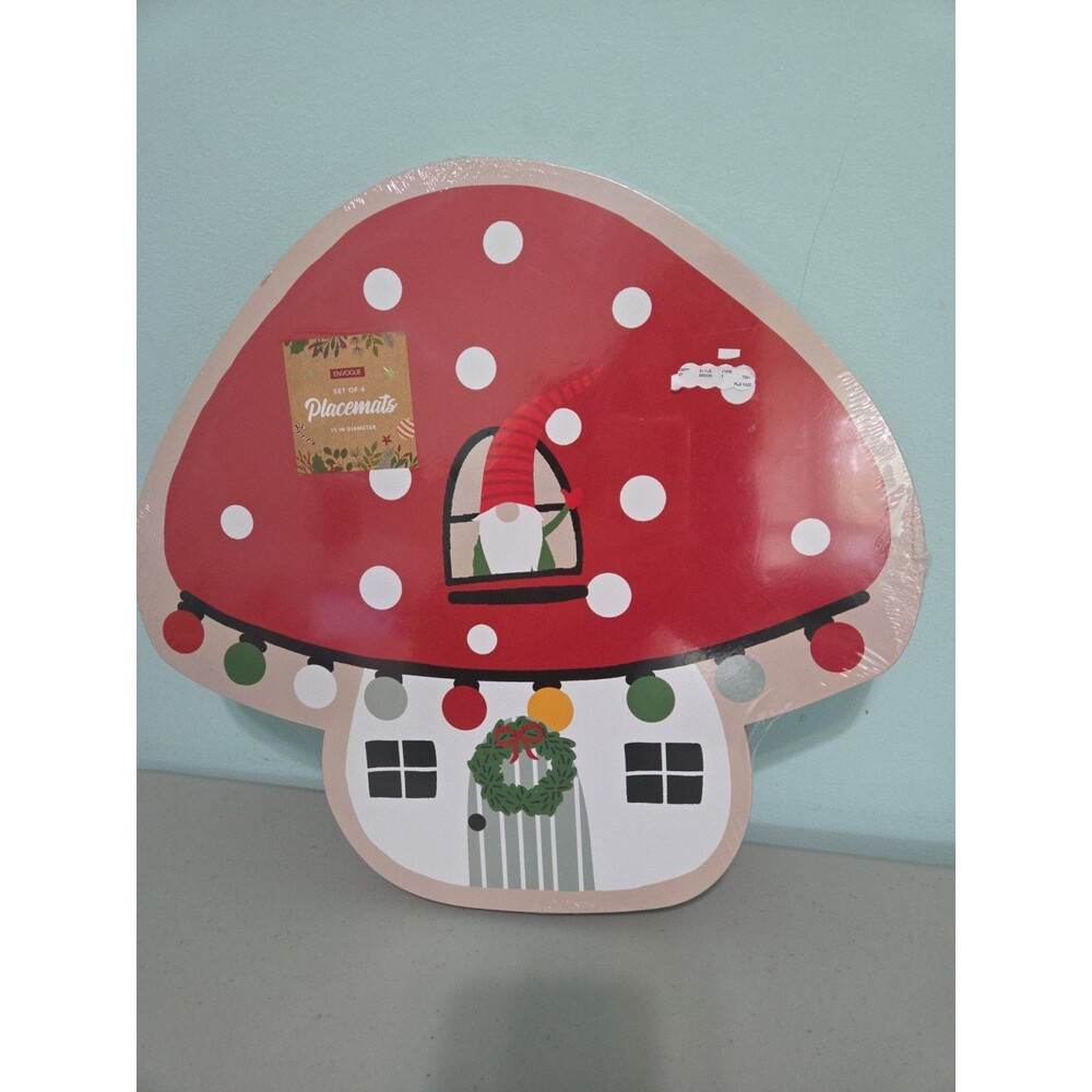 Envogue Christmas Gnome Mushroom House Cork Placemats Set Of 4 NWT
